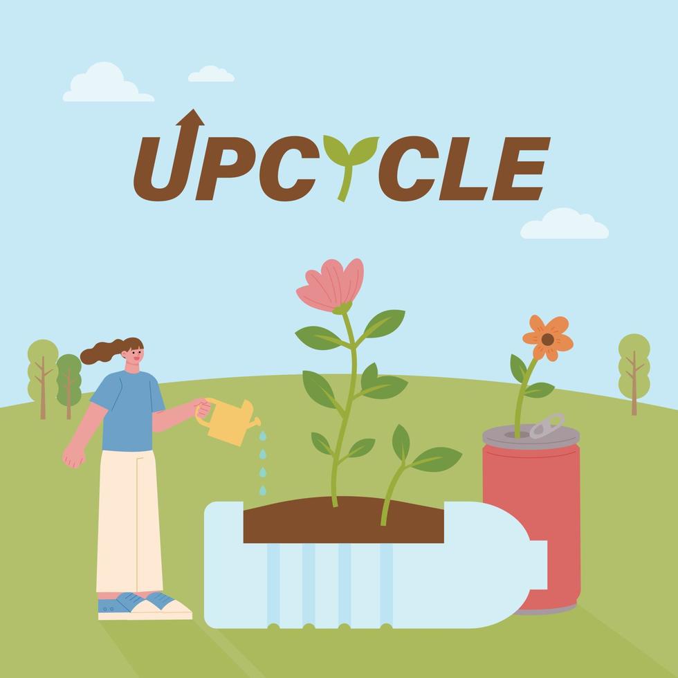 Umweltschutz-Banner. Menschen, die Upcycling-Produkte für die Umwelt herstellen. vektor