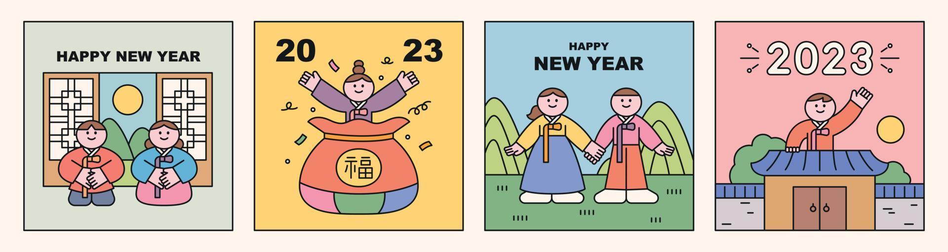 Neujahrskarte. süße Charaktere in traditionellen koreanischen Kostümen begrüßen das neue Jahr. vektor