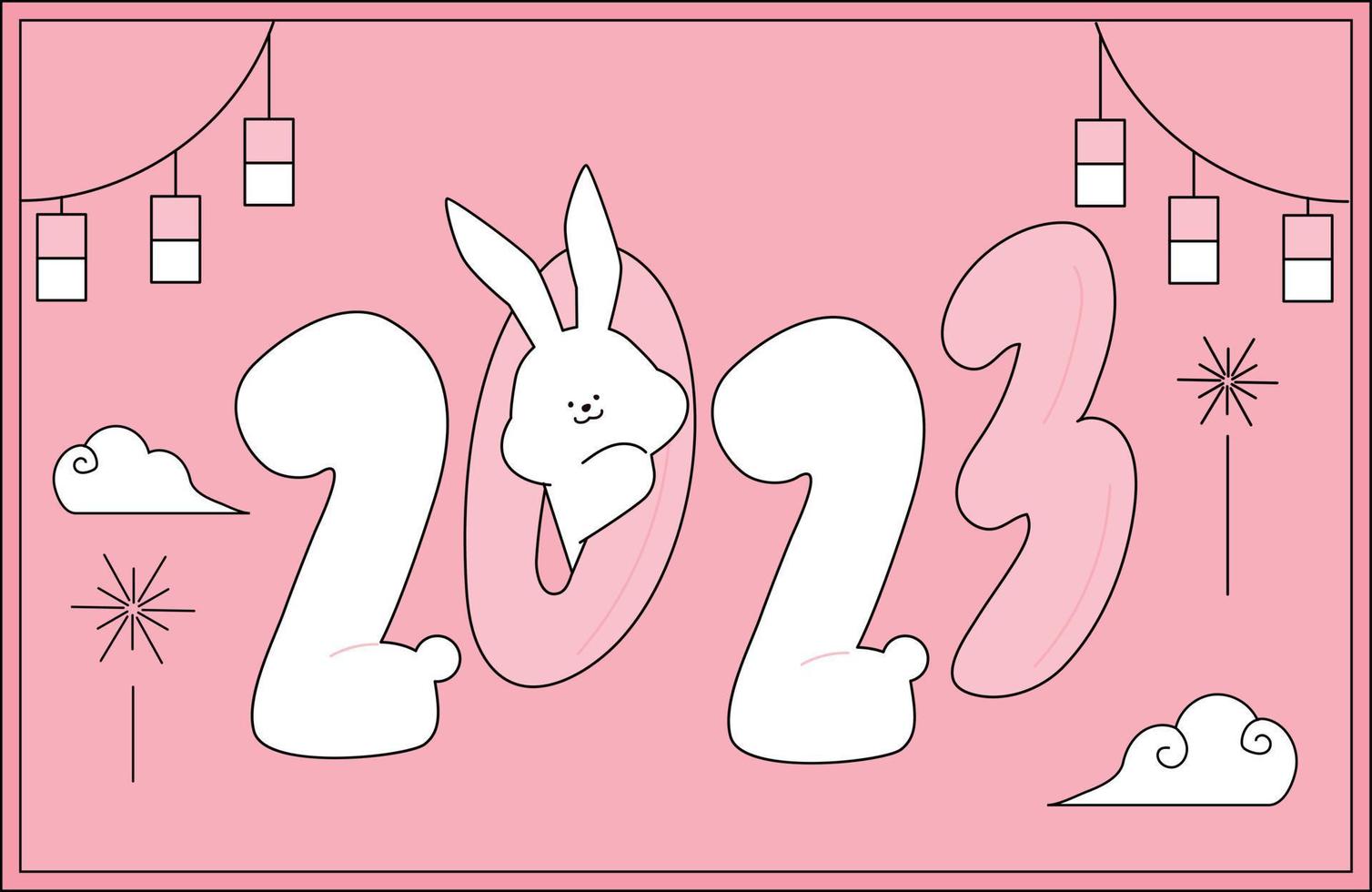 Aus der Zahl 2023 ragt ein Hase heraus. flache Designart-Vektorillustration. vektor