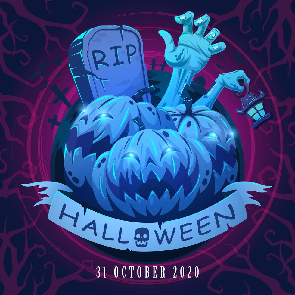 Halloween-Plakat mit Kürbis, Zombiehand und Grabstein vektor