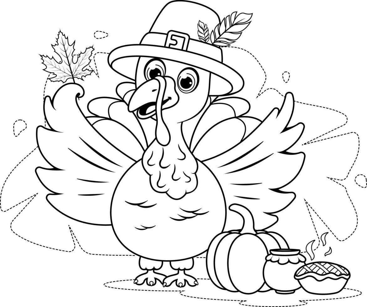 Malseite. ein Cartoon-Truthahn in einem Thanksgiving-Hut vektor
