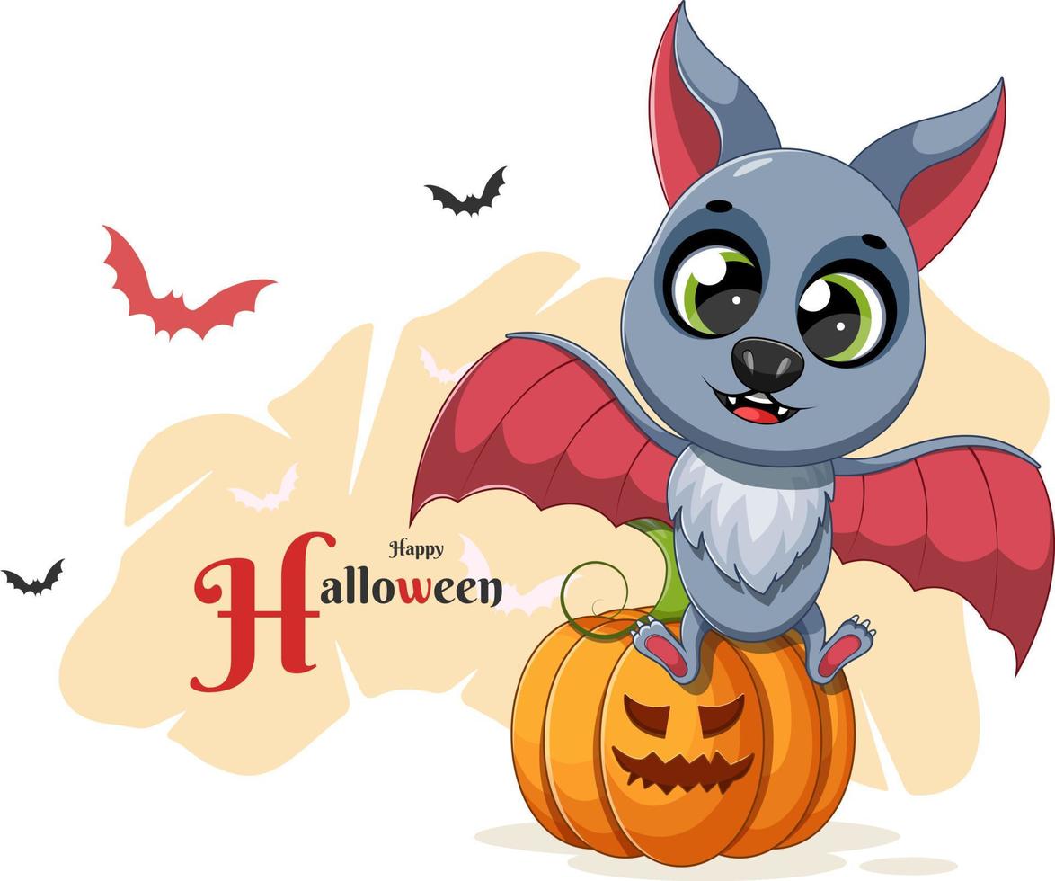 halloween vykort. en tecknad serie fladdermus och en halloween pumpa vektor