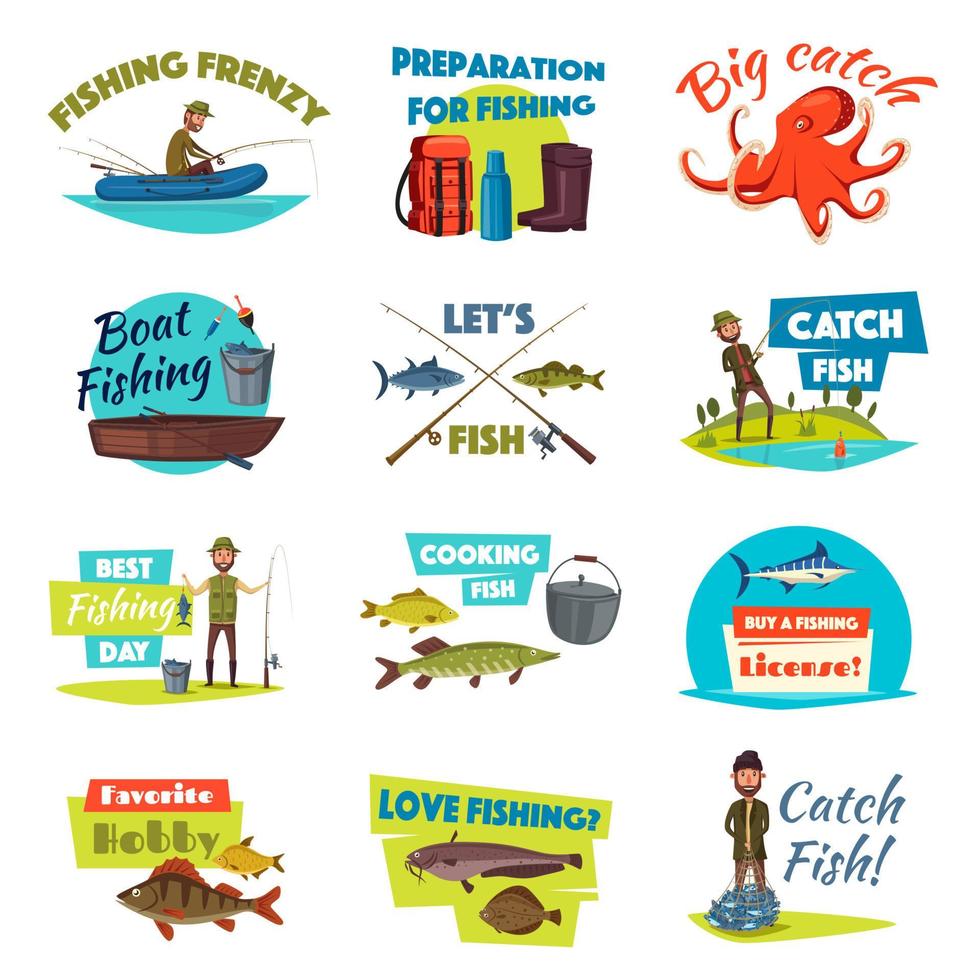 fiske tecknad serie ikon uppsättning med fiskare och fisk vektor