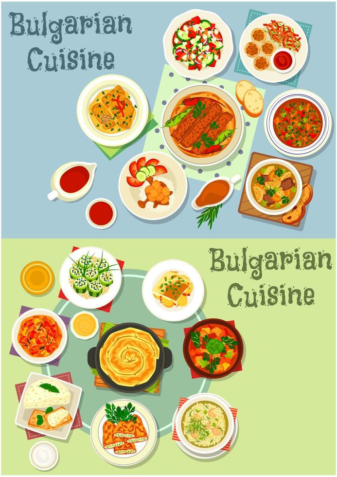 bulgarian kök friska mat maträtter ikon uppsättning vektor
