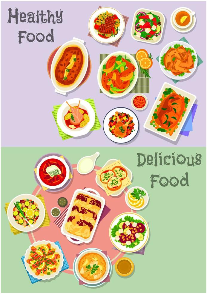hjärtlig maträtter ikon uppsättning med fisk, kött och grönsaker vektor