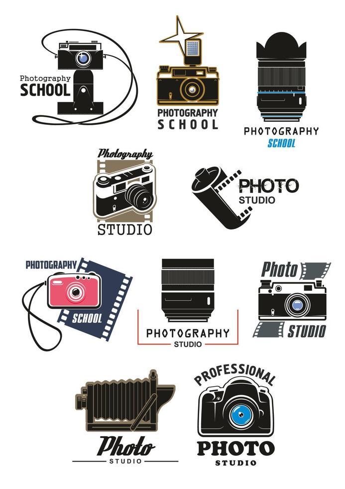 Foto studio ikon uppsättning med kamera, lins och filma vektor