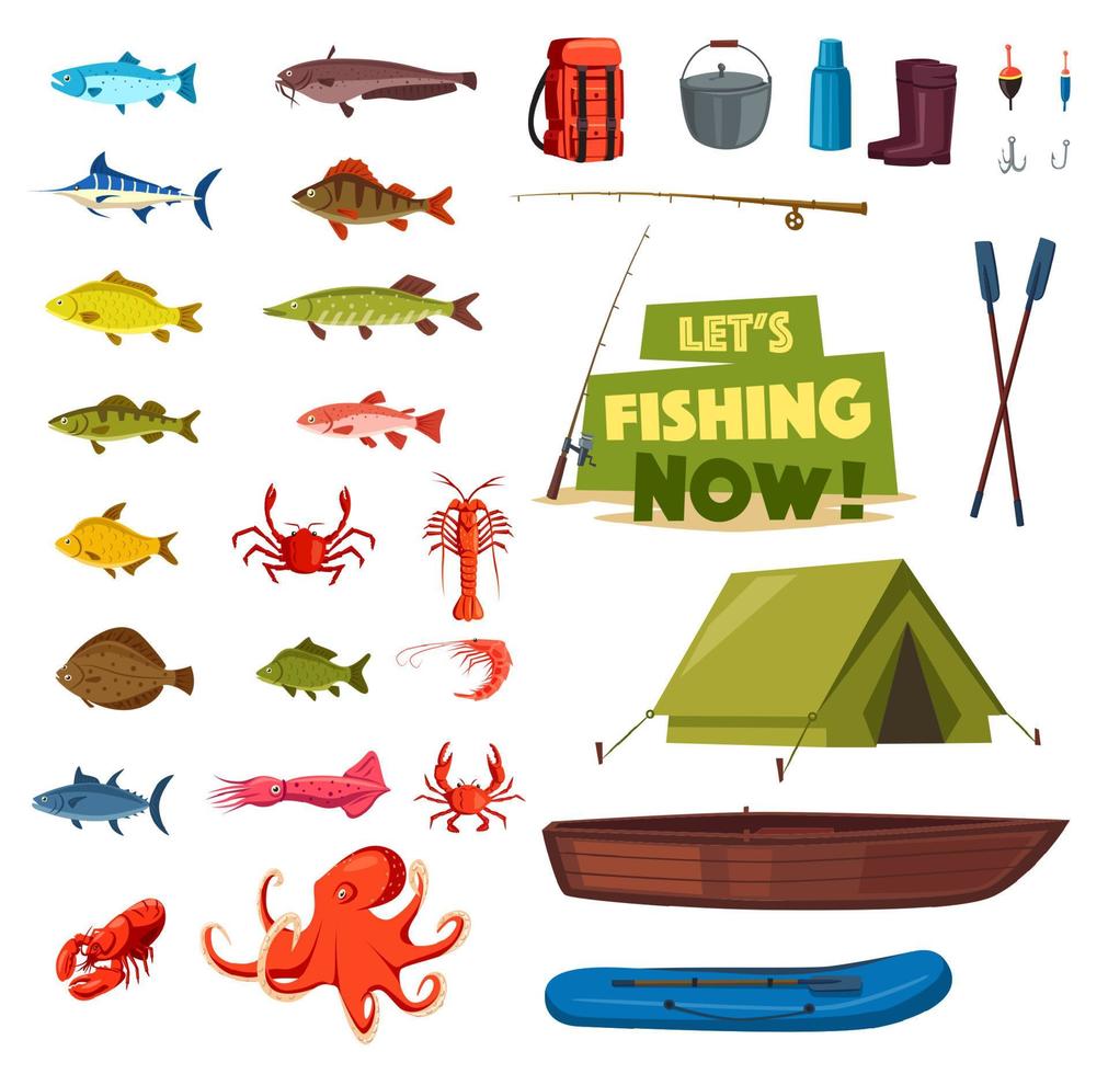 fiske sport ikon med fisk, båt, stång, tackla vektor