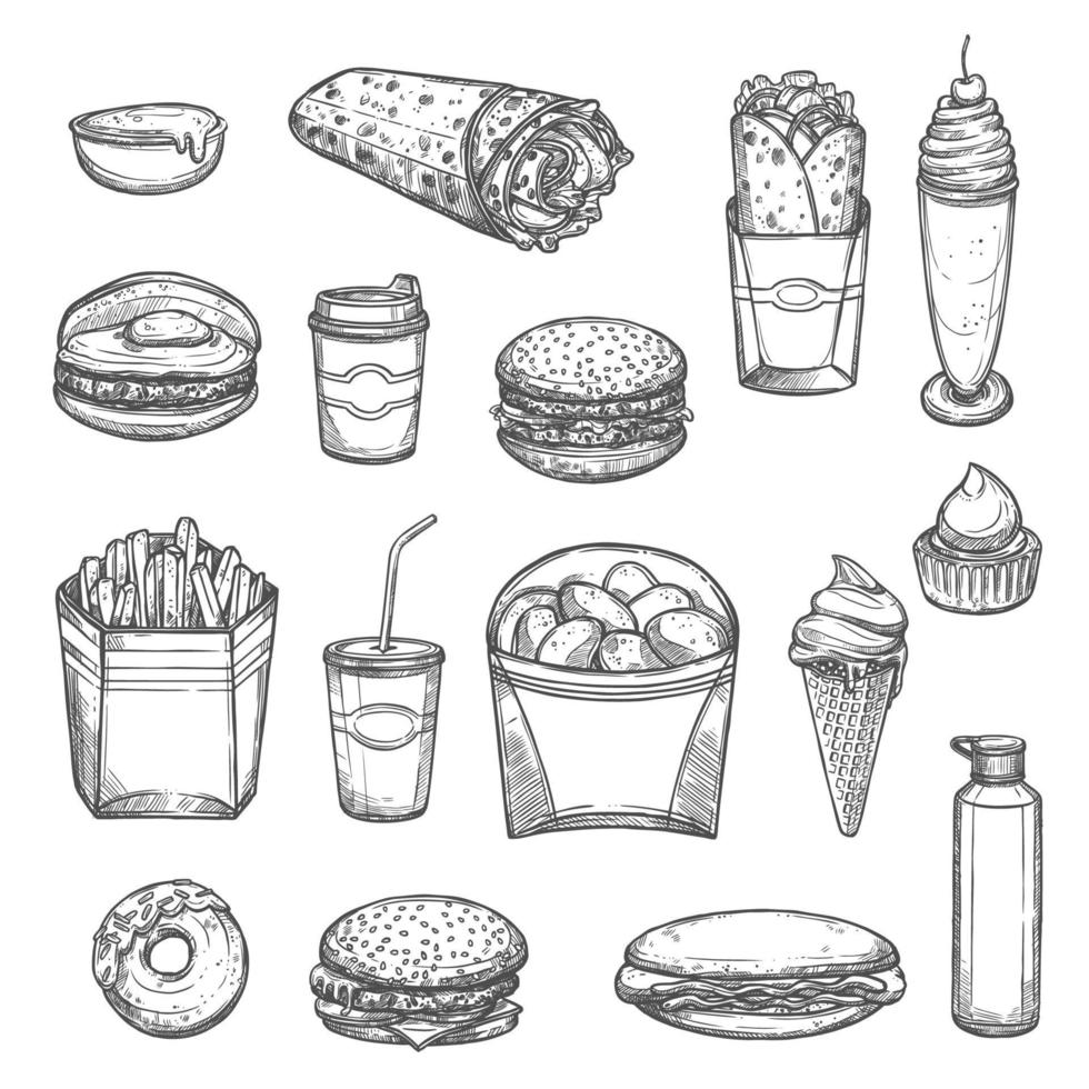 Vektorskizze isolierte Fast-Food-Symbole vektor
