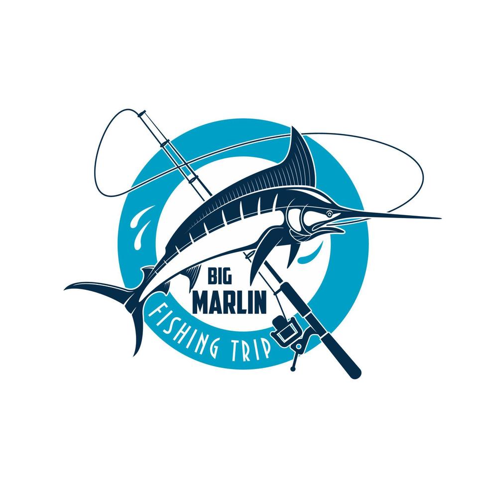 marlin-fischersport-emblem mit fisch auf stange vektor