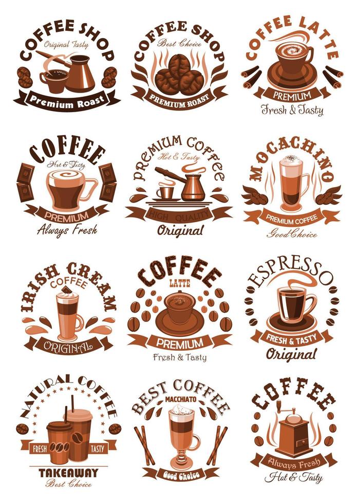 vektor ikoner coffee av kaffe koppar eller bönor