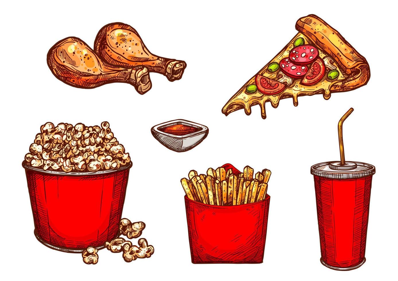 Vektor-Skizze-Symbole Fast-Food-Snacks und Getränke vektor