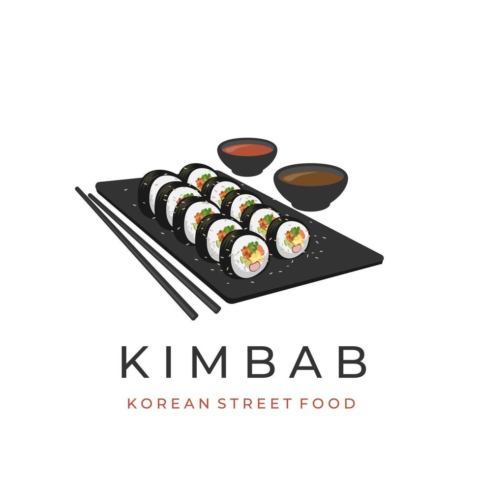 Kimbap-Vektorillustrationslogo diente auf einem Teller mit Essstäbchen vektor