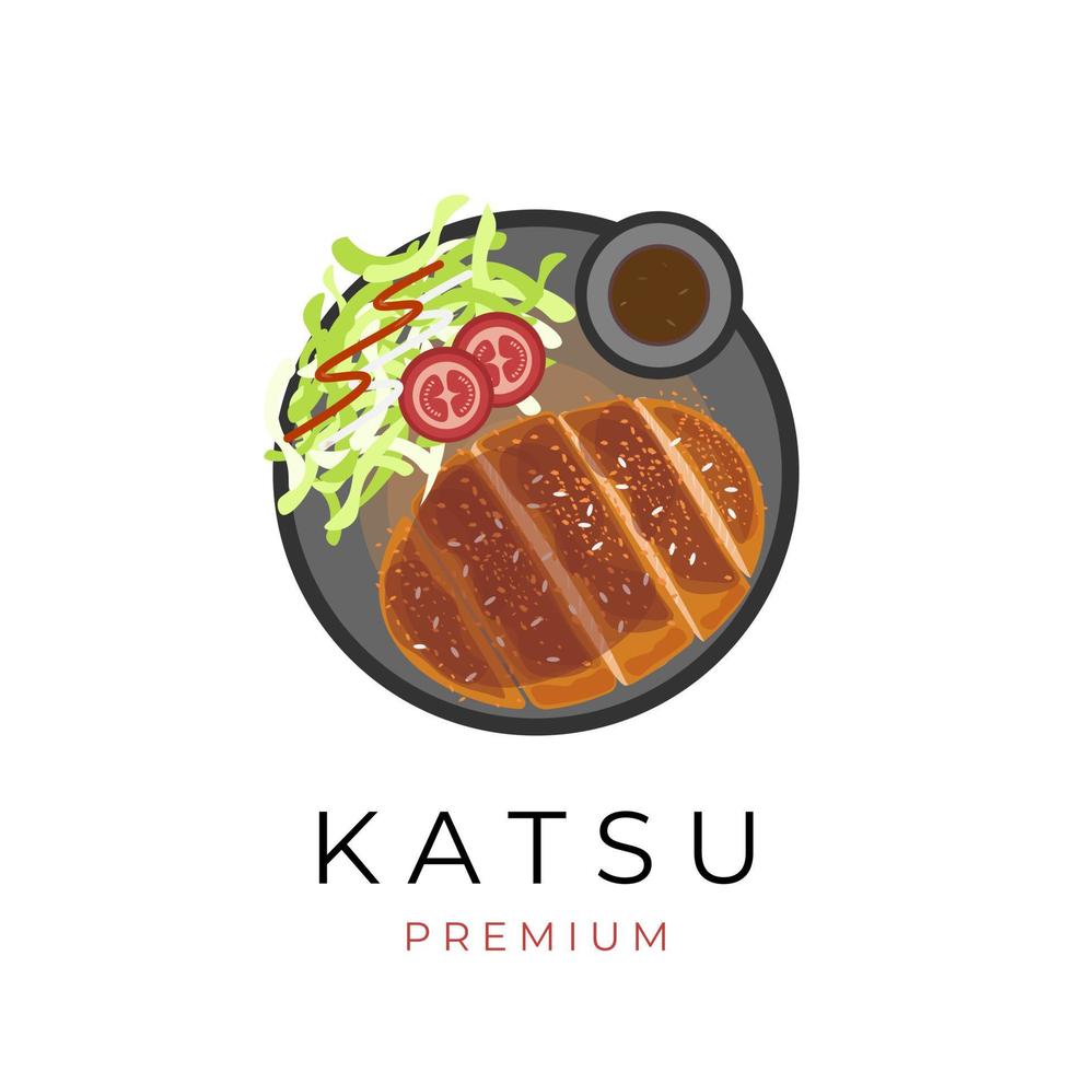 original katsu mit salat und sauce auf einem schwarzen teller japanisches lebensmittelvektorillustrationslogo vektor