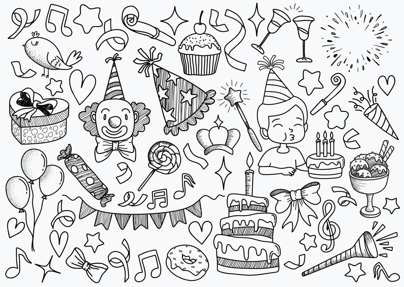 uppsättning av klotter tecknad serie objekt och symboler på de födelsedag fest. vektor