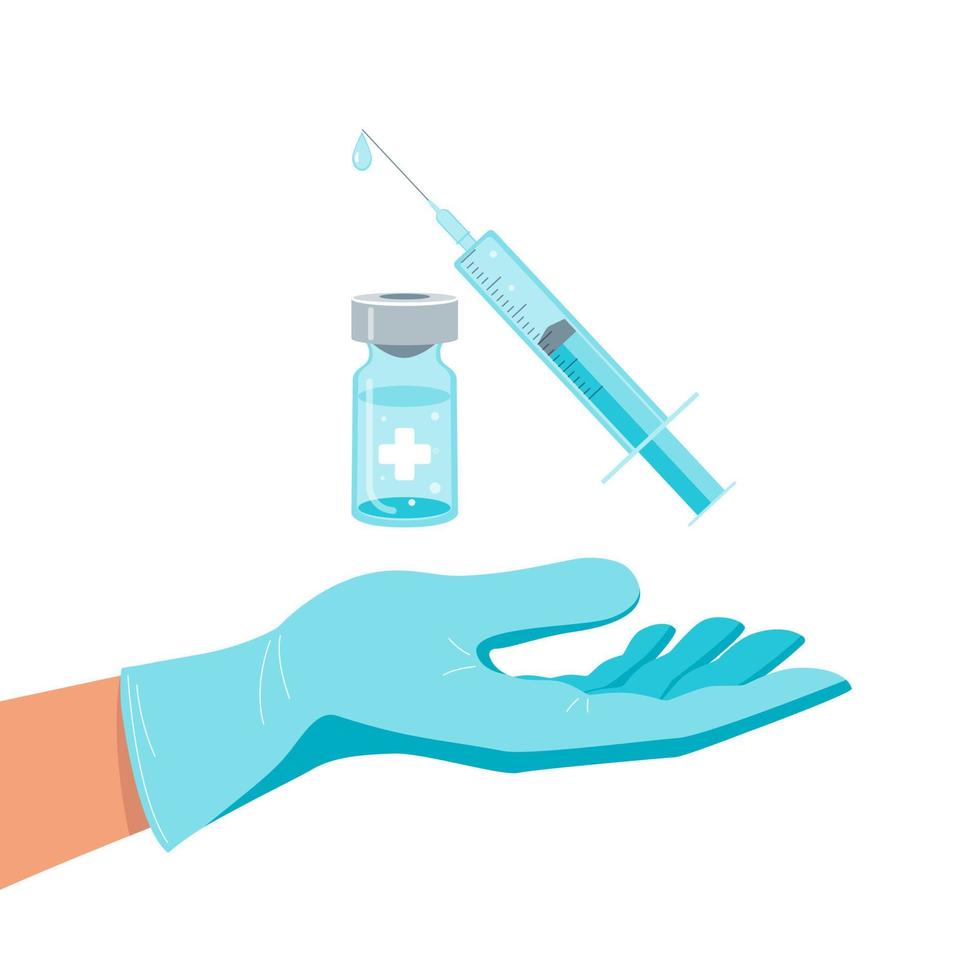 ampull vaccin spruta och läkares hand isolerat på vit bakgrund. vaccination begrepp. stock vektor illustration.