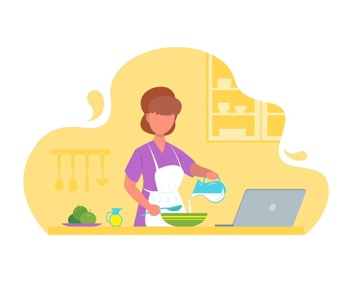 Eine Frau in der Küche bereitet Essen zu und schaut auf einen Laptop. konzept für online-kochtraining. Stock-Vektor-Illustration im flachen Stil. vektor