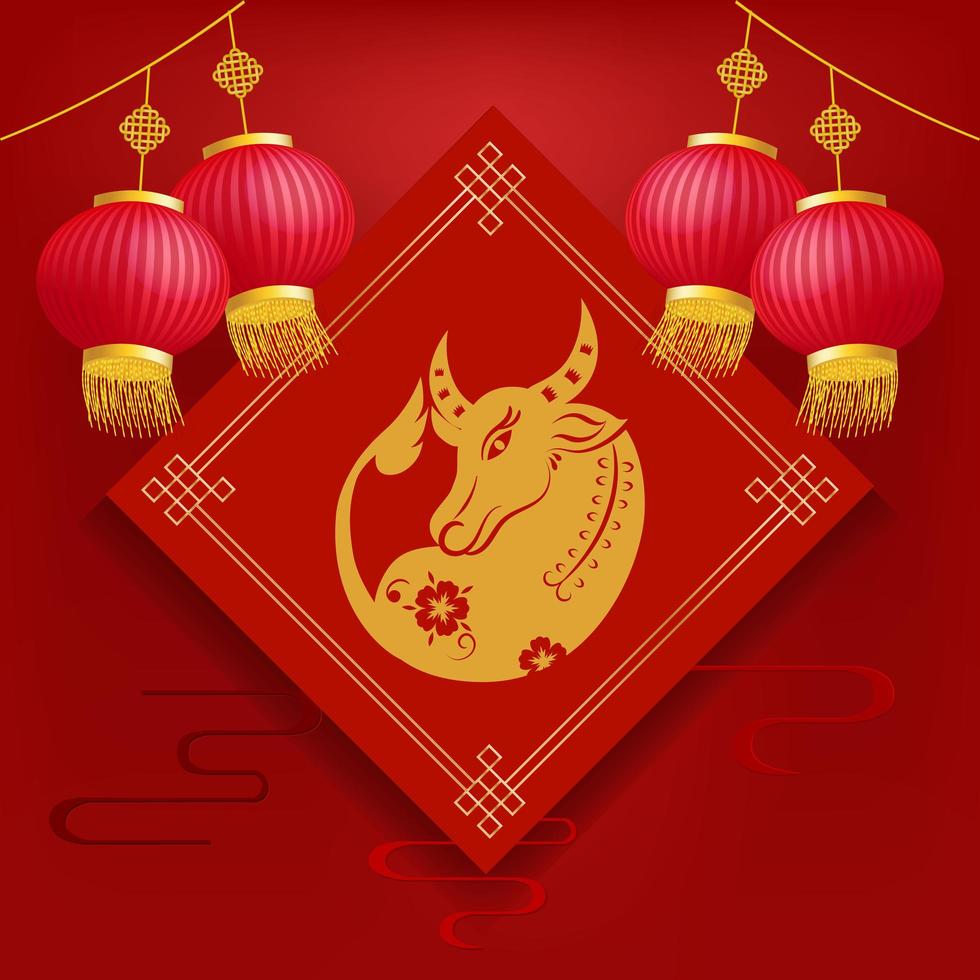 Stier mit Laternen. chinesisches Neujahr 2021, das Jahr des Ochsen vektor