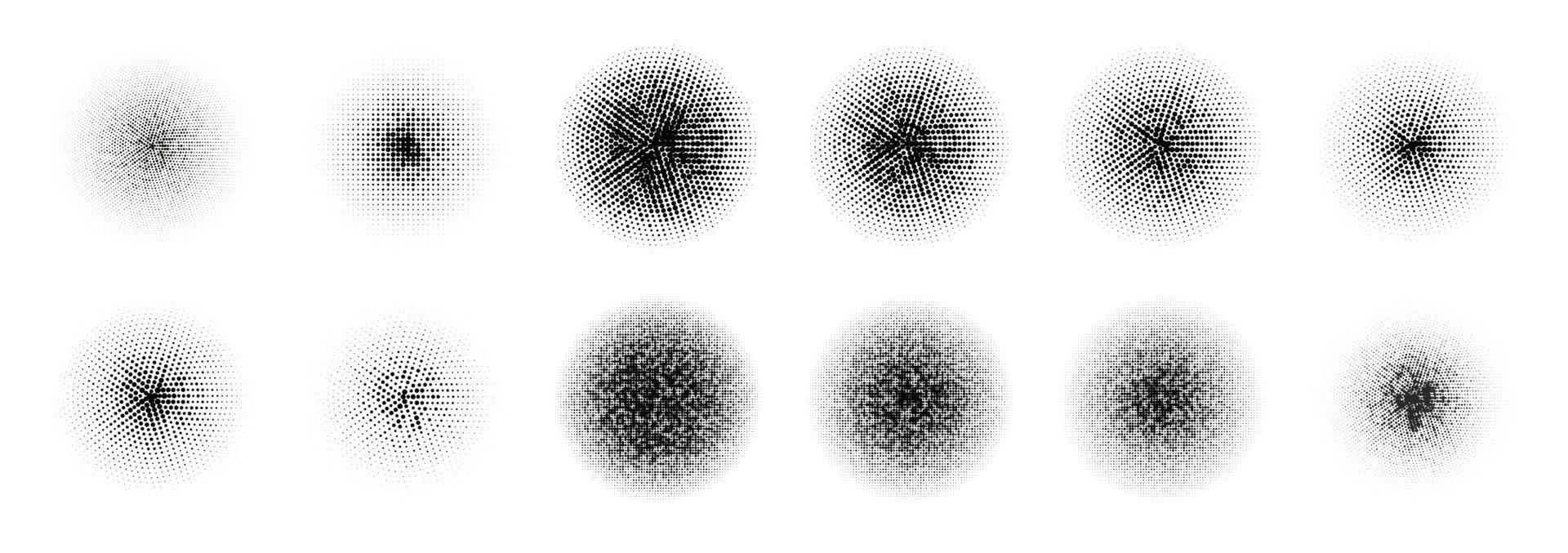 12 halvton cirkel stor uppsättning. popkonst grange ClipArt. abstrakt runda halvton cirkel vektor. konstnärlig konstverk design av halvton cirkel prickar på vit bakgrund vektor uppsättning.