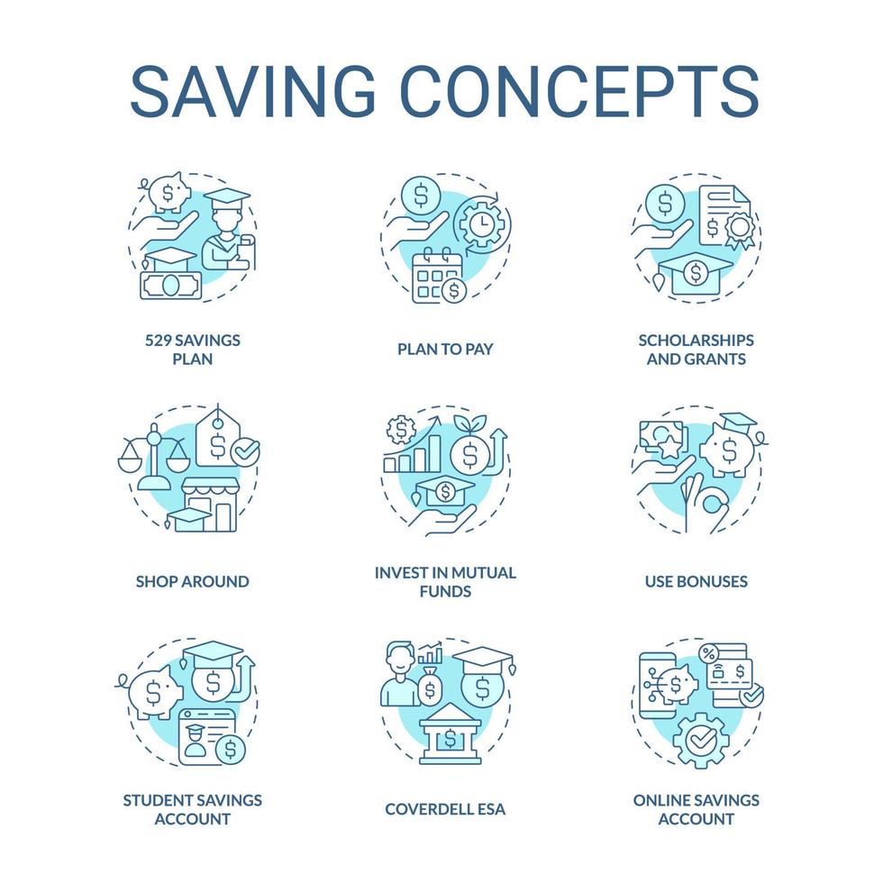 sparande för utbildning turkos begrepp ikoner uppsättning. studerande medel. collage betalningar aning tunn linje Färg illustrationer. isolerat symboler. redigerbar stroke. vektor
