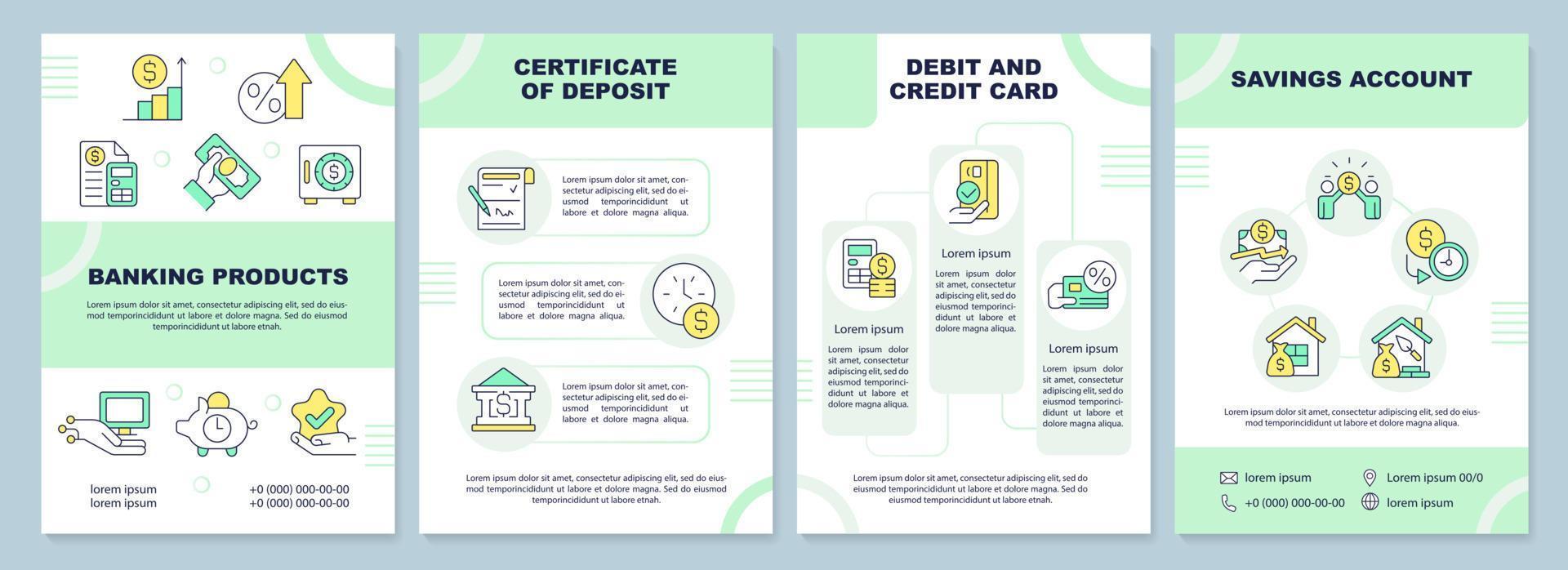 bank Produkter grön broschyr mall. erbjudanden för kunder. folder design med linjär ikoner. redigerbar 4 vektor layouter för presentation, årlig rapporterar.
