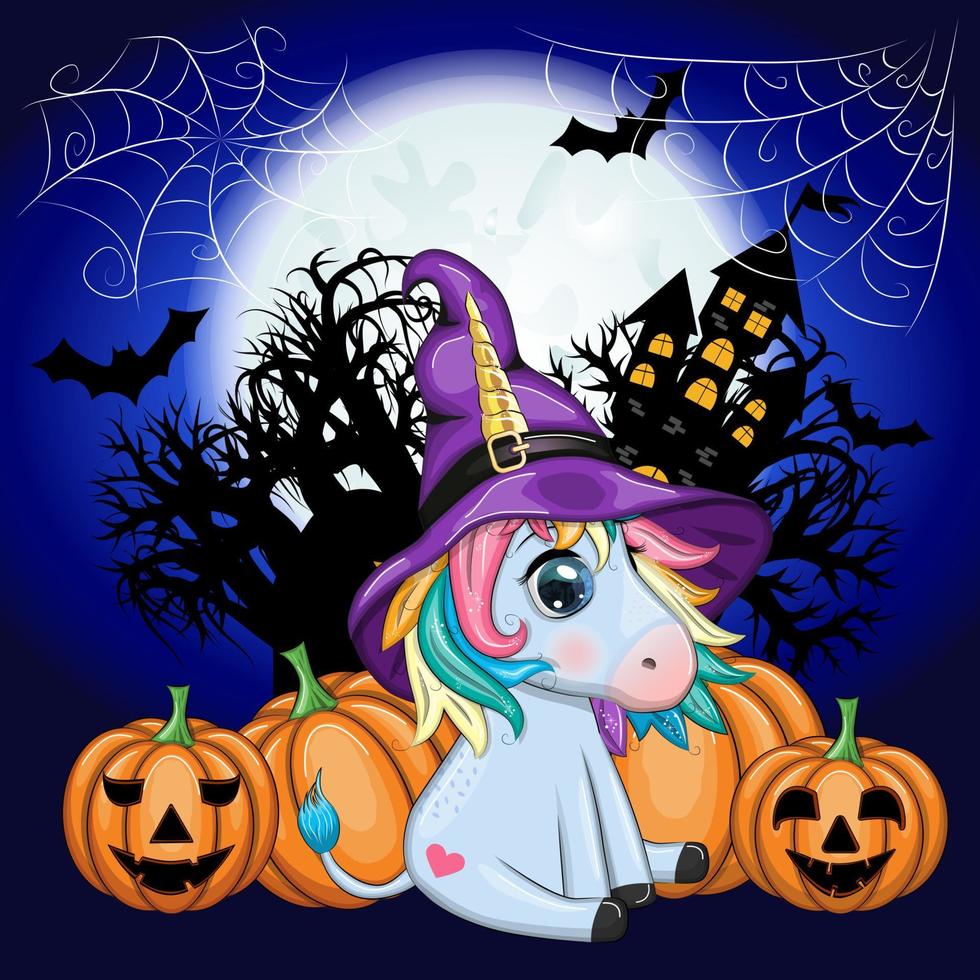 söt tecknad serie enhörning i lila häxa hatt, med pumpor, trolldryck eller kvast, halloween Semester karaktär vektor