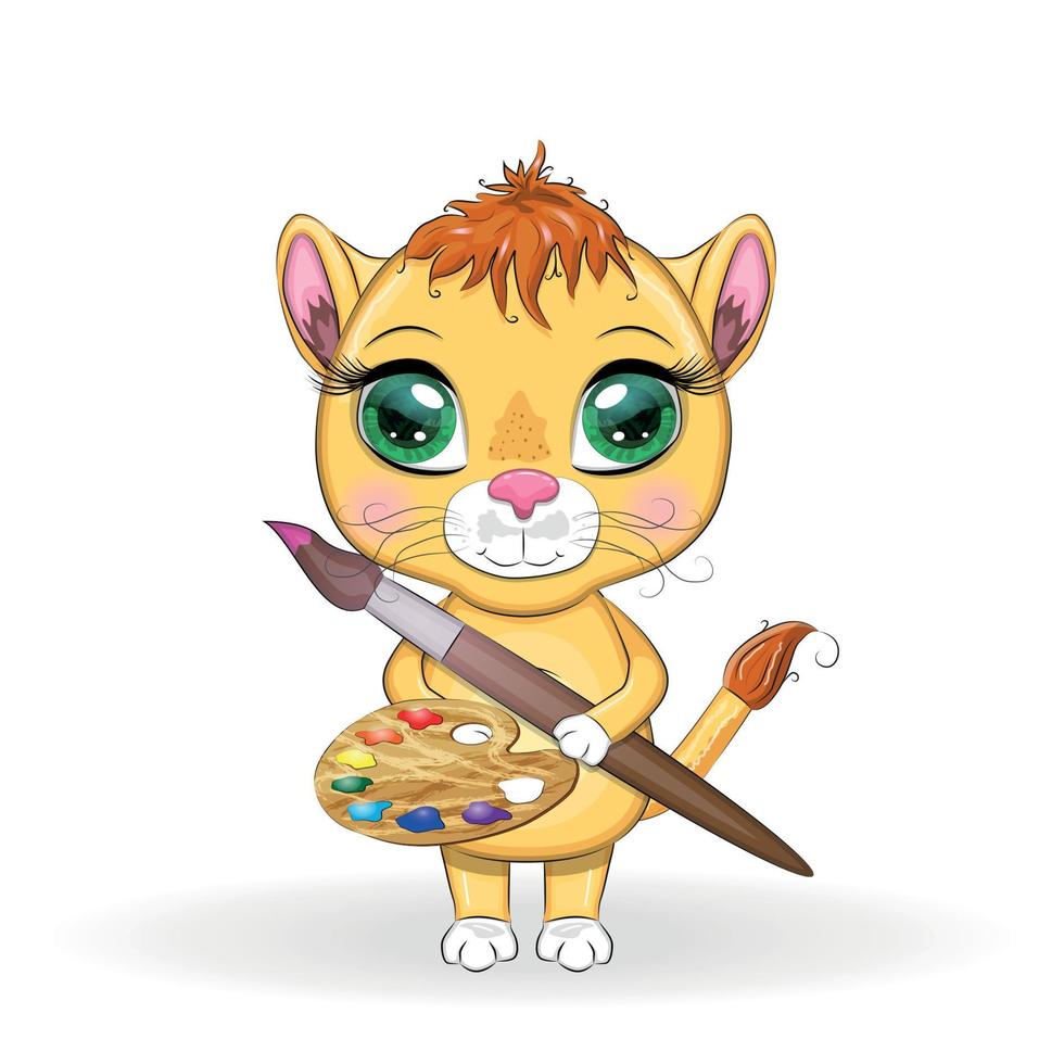 tecknad serie lejon med en palett av målarfärger och en borsta. karaktär konstnär, målare vektor