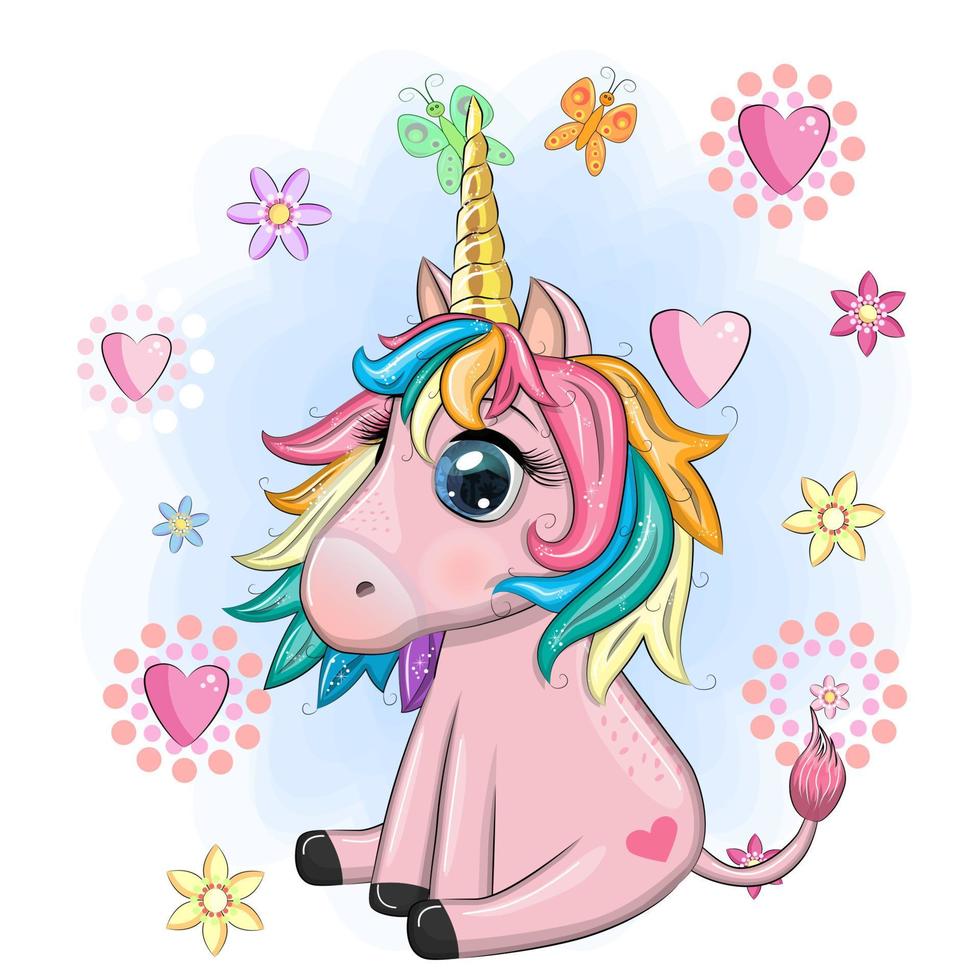 rosa einhorn pony sitzend. süße babykarte, kleines mädchen mit großen augen vektor