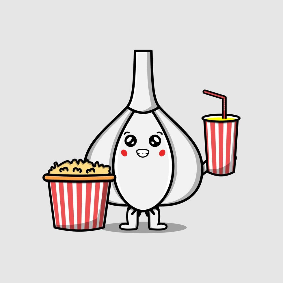 süßer cartoon-knoblauch mit popcorn und getränk bereit vektor