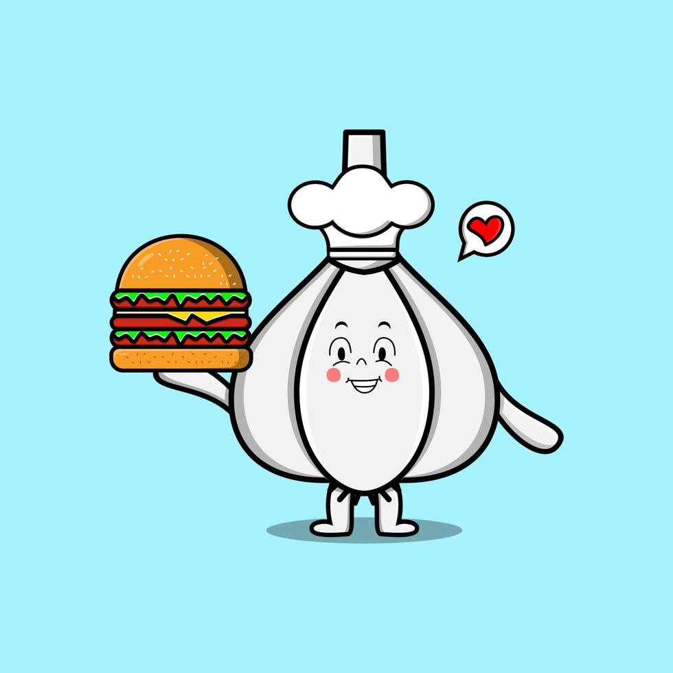 söt tecknad serie vitlök kock karaktär innehav burger vektor