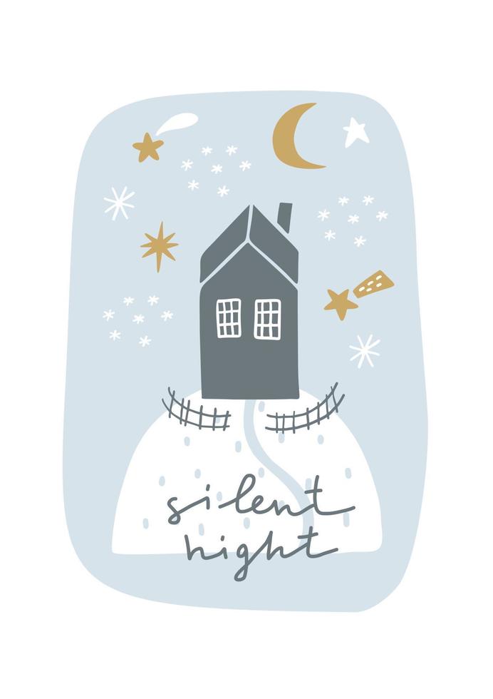 Stille Nacht. Weihnachtskarte. hand gezeichnete illustration im karikaturstil. süßes konzept für weihnachten. illustration für das design postkarte, textilien, bekleidung, dekor vektor