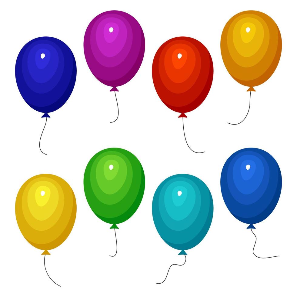 uppsättning av åtta färgrik ballonger med en sträng isolerat på vit bakgrund. vektor illustration