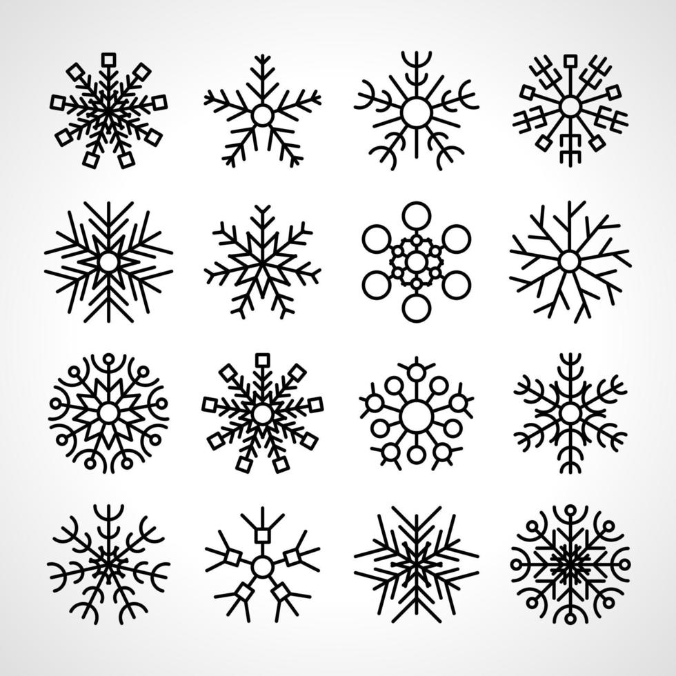 uppsättning av sexton snöflingor. jul och ny år dekoration element. vektor illustration.