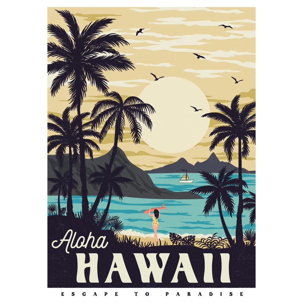 Aloha Hawaii Flucht ins Paradies Sommer T-Shirt. Surfermädchen am Strand. Vektor-Illustration. vektor