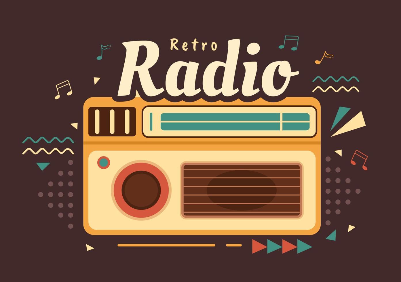 retro radio spelare stil för spela in, gammal mottagare, intervjuer kändis och lyssnande till musik i mall hand dragen tecknad serie platt illustration vektor