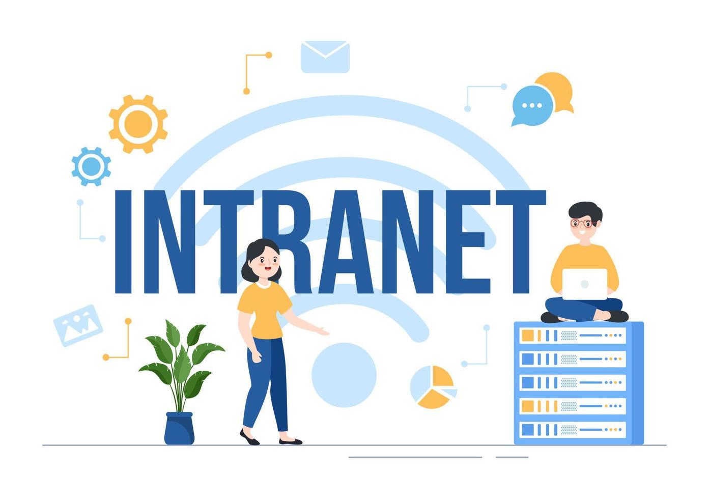 intranät internet nätverk förbindelse teknologi till dela med sig konfidentiell företag information i mall hand dragen tecknad serie platt illustration vektor