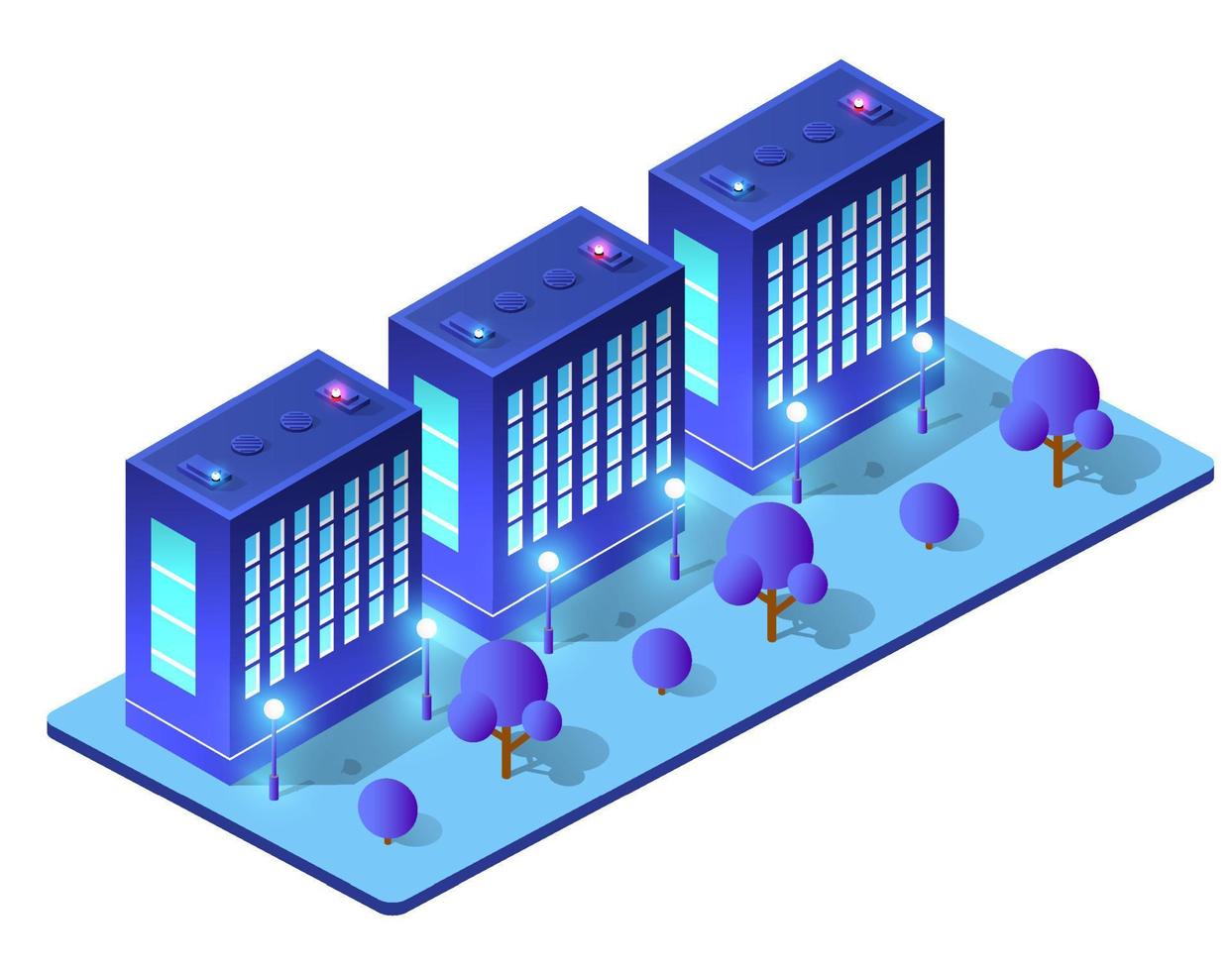 nachtisometrische intelligente blaue ultraviolette stadt nachts mit lichtern. die stadt der zukunft ist futuristisch mit wolkenkratzern, laternen, straßen und häusern. 3D-Darstellung. vektor