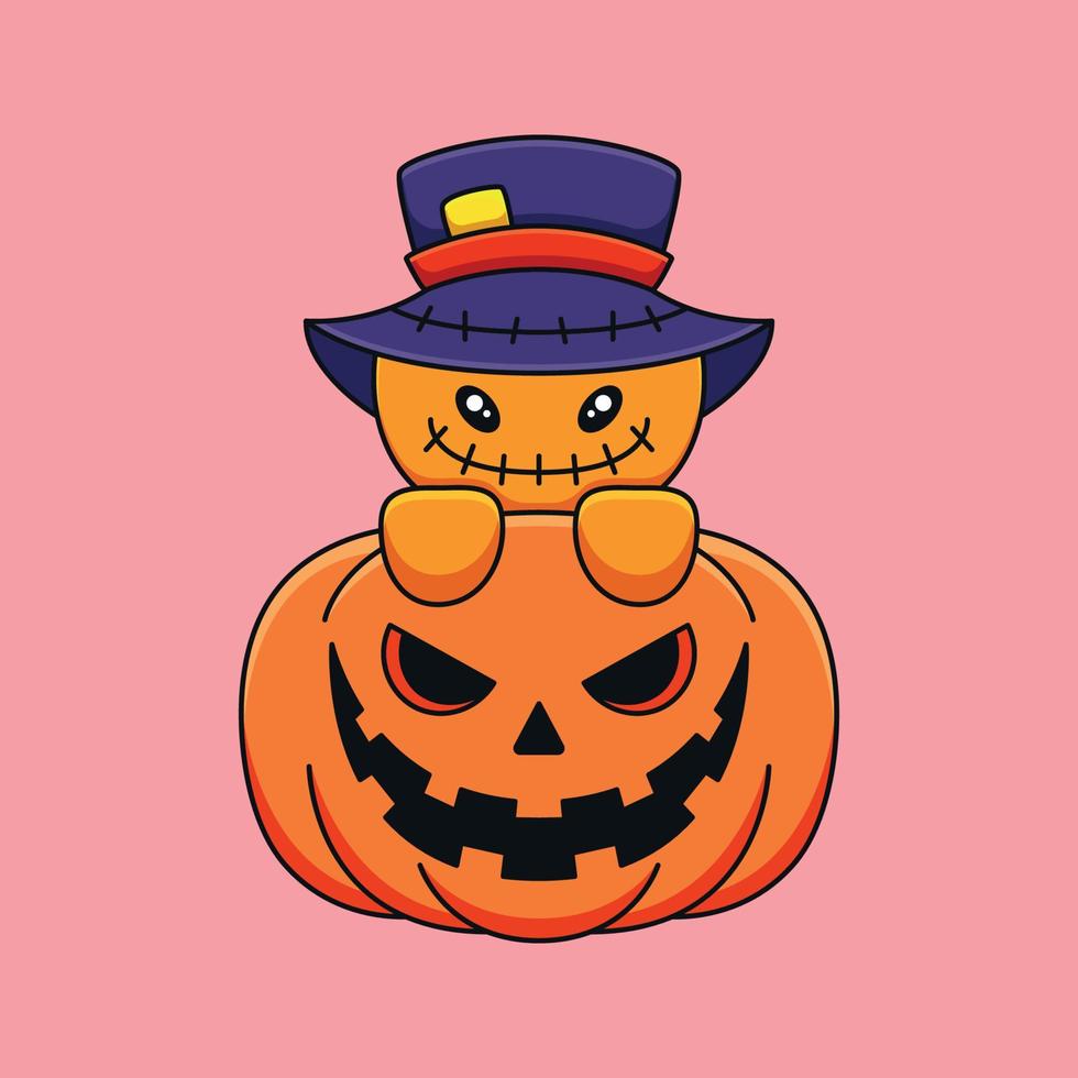 söt pumpa scarecrow halloween tecknad serie maskot klotter konst hand dragen begrepp vektor söt ikon illustration