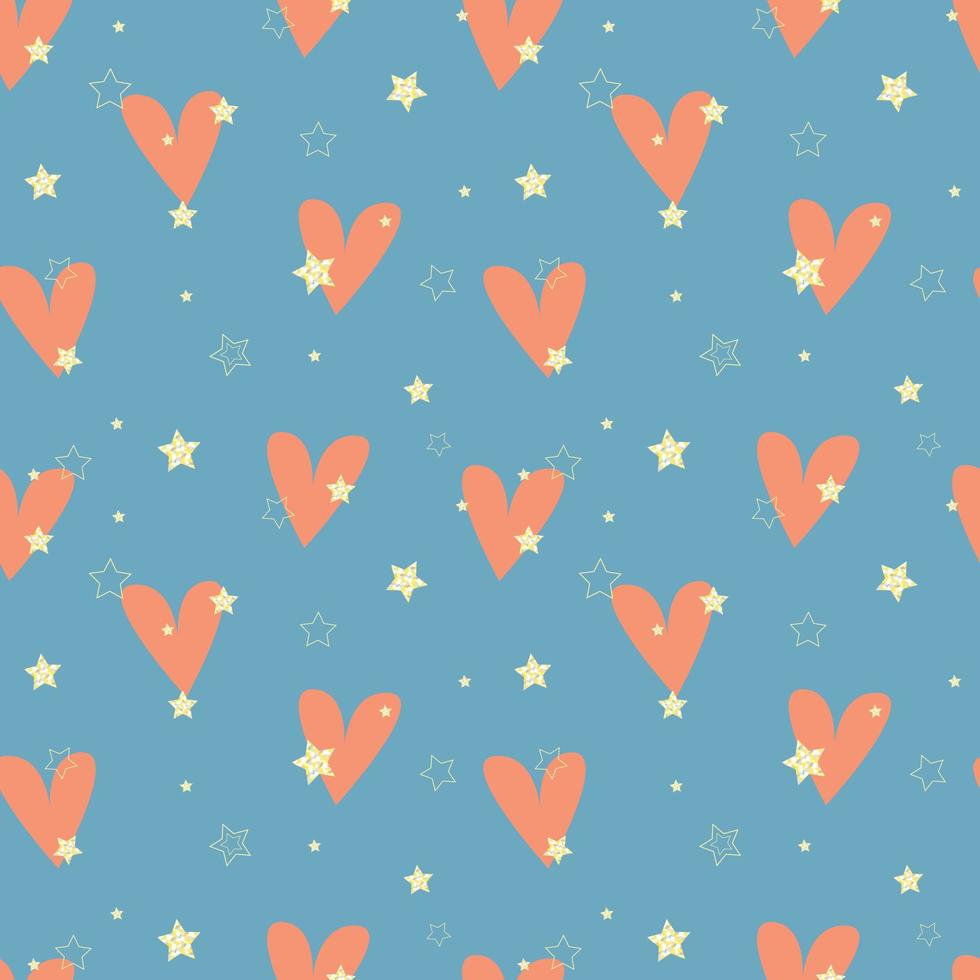 mönster kärlek och passion. skinande guld stjärnor och rosa hjärtan på blå bakgrund. valentines dag bakgrund. vektor