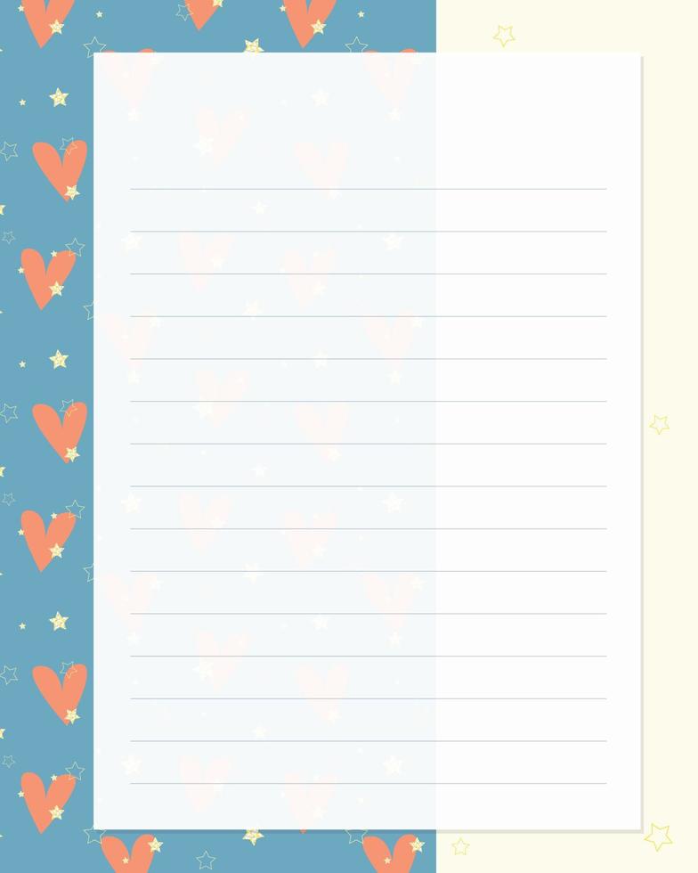 mall till do lista anteckningar påminnelser, fodrad papper med romantisk hjärta stjärna blå mönster. till do lista, påminnelser, tom, planerare. vektor