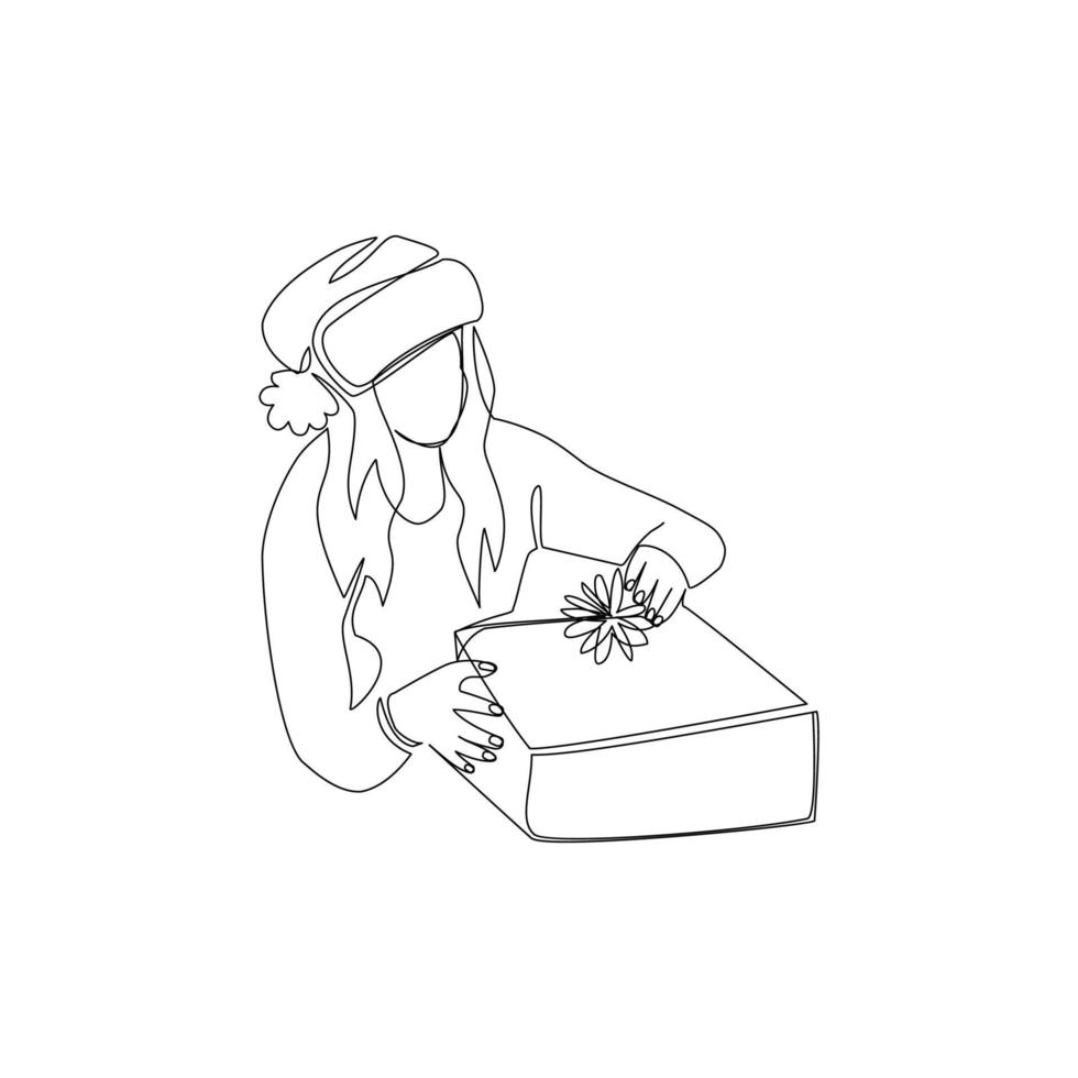 vektorillustration eines mädchens in einer weihnachtsmütze mit einem geschenk, das im linienkunststil gezeichnet wird vektor