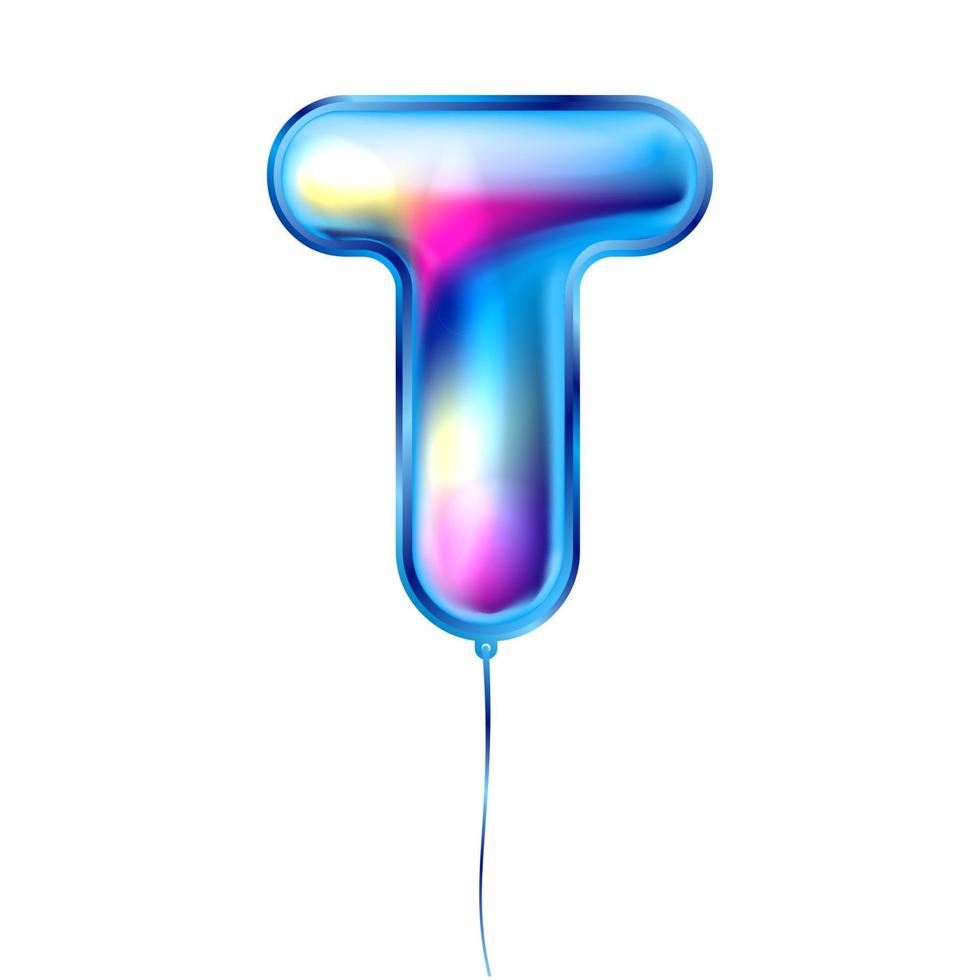 blå metallisk ballong, uppblåst alfabet symbol t vektor