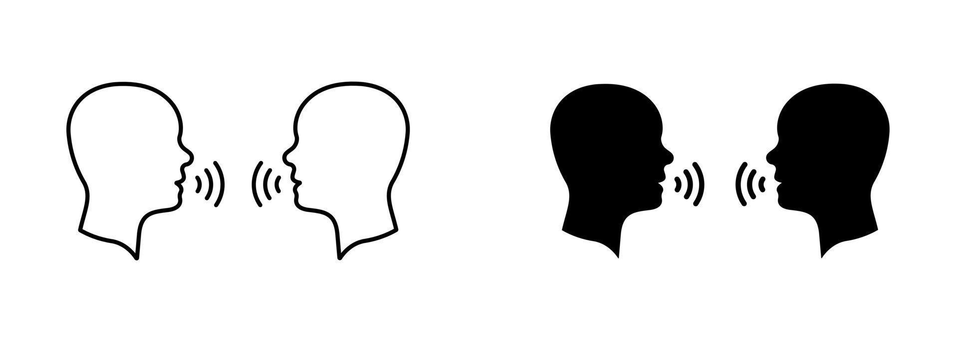 två man prata silhuett och linje ikon. människor ansikte huvud i profil tala piktogram. person konversation Tal ikon. kommunikation diskussion. redigerbar stroke. isolerat vektor illustration.