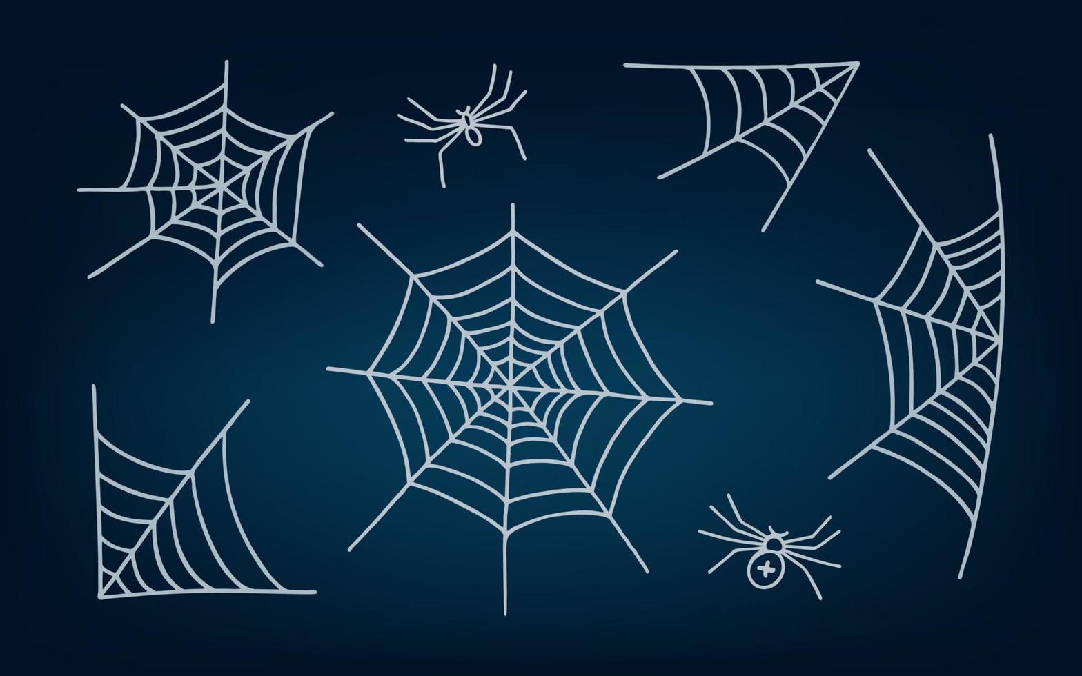 uppsättning av spindelnät och spindlar på mörk bakgrund. vektor illustration för halloween.