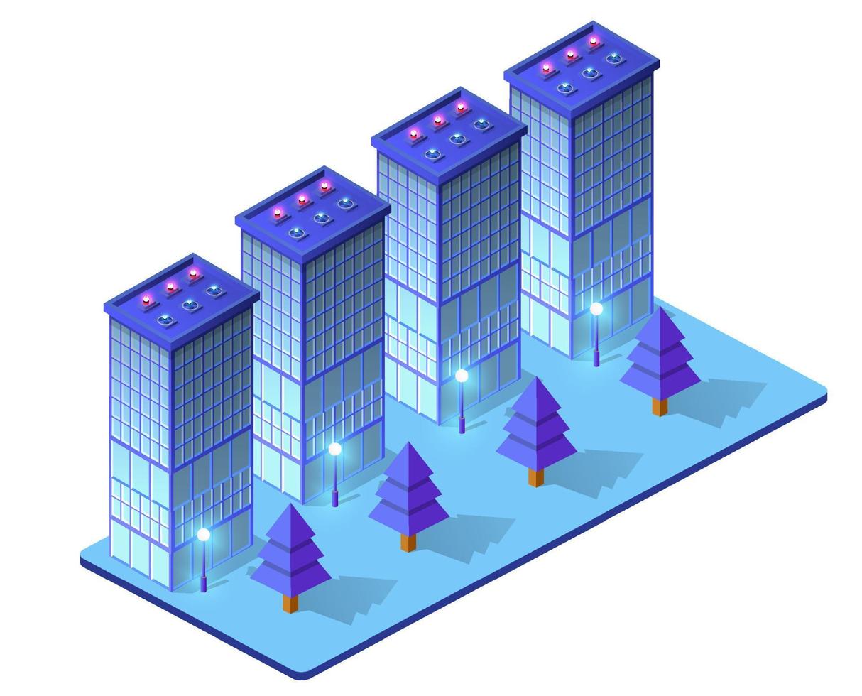 natt isometrisk smart blå ultraviolett stad på natt med lampor. de stad av de framtida är trogen med skyskrapor lyktor gator och hus. 3d illustration. vektor