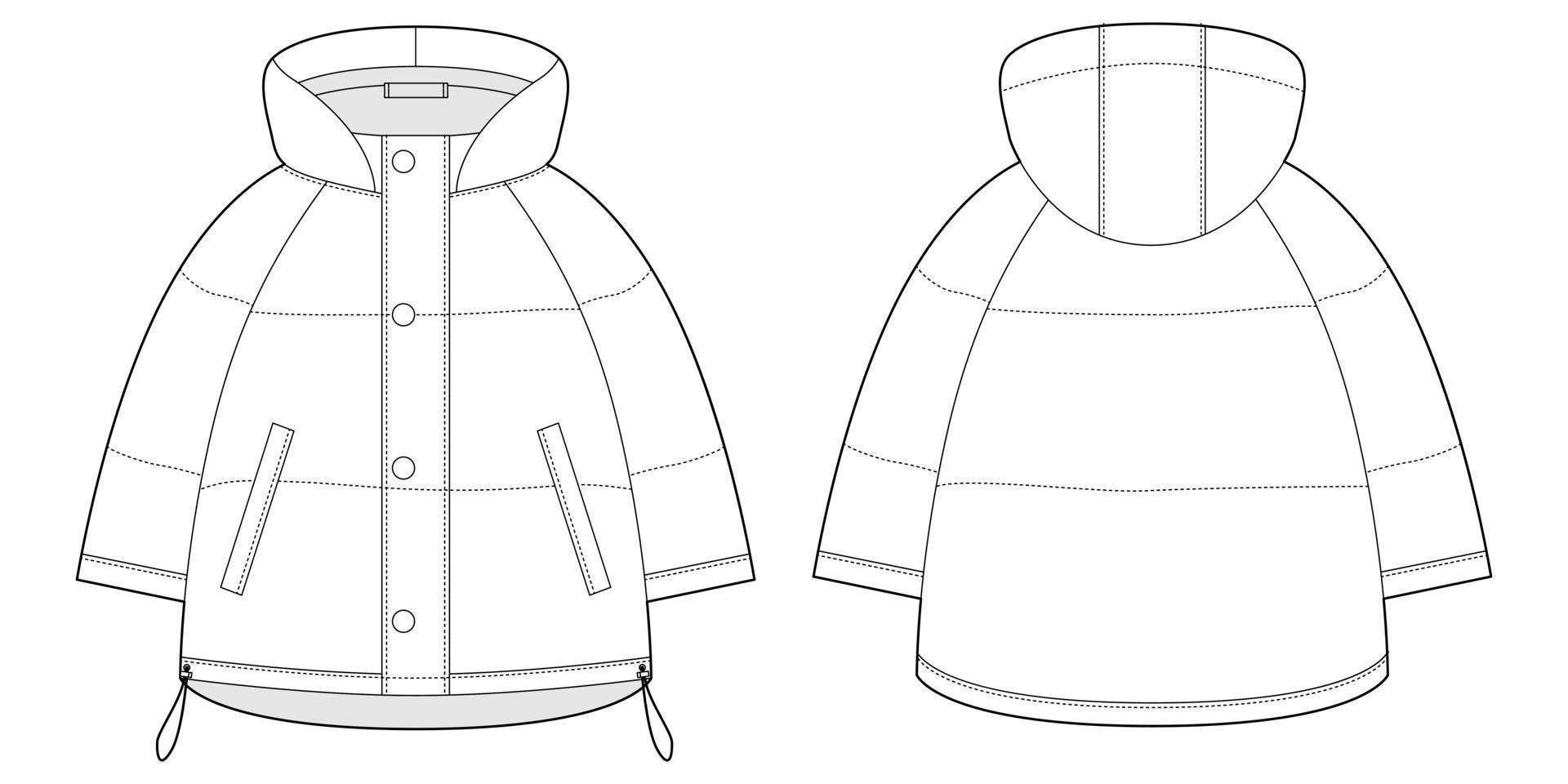 överdimensionerad raglan puffer vinter- ner täcka teknisk skiss. kvinnors kviltning jacka design mall. barns ytterkläder falsk upp. vektor