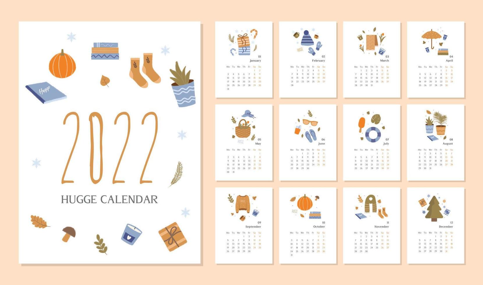 mjuk färgad hygge illustration kalender 2022 mall i vektor