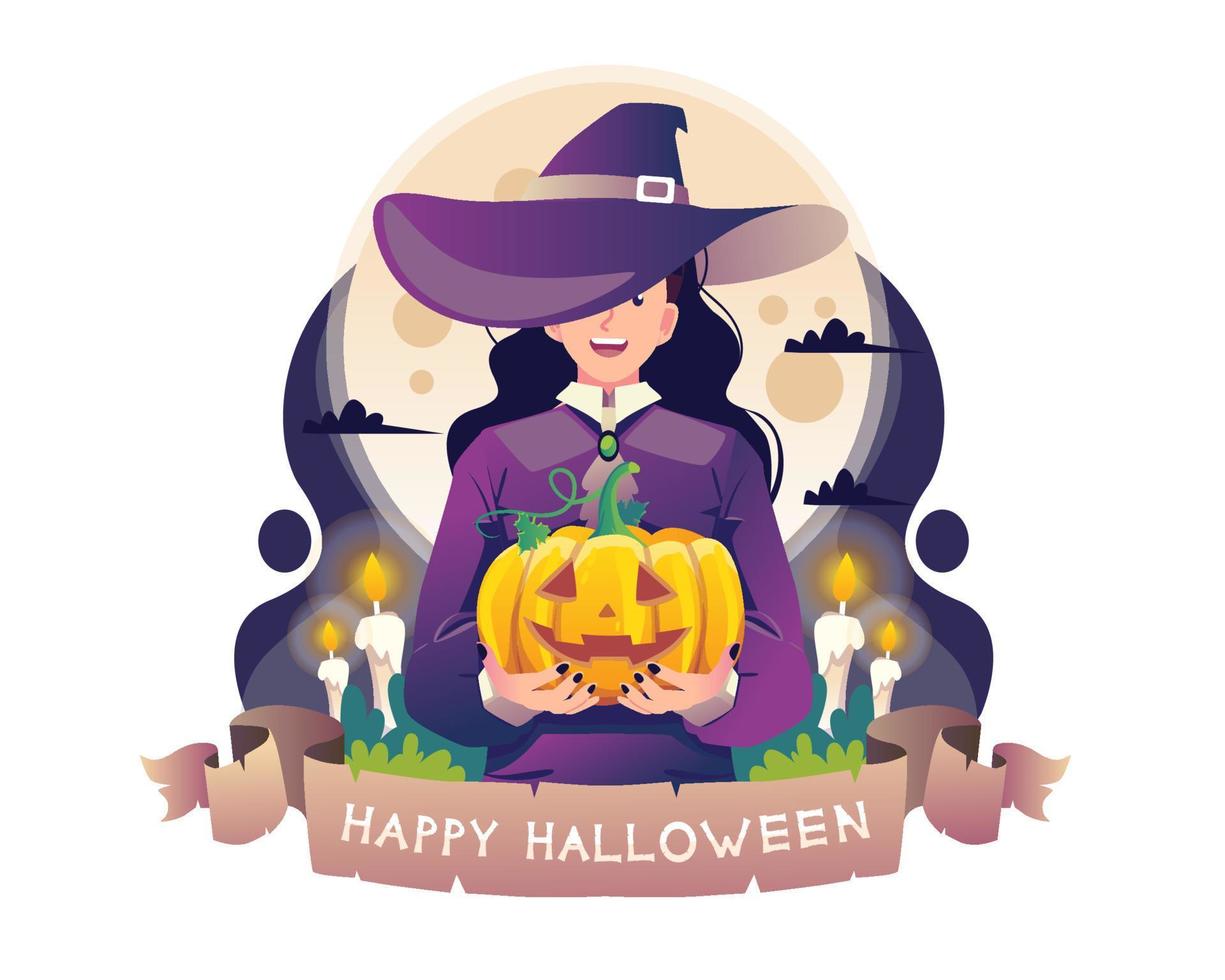 häxa innehav halloween pumpa. ung kvinna i en häxa kostym med hatt, natt bakgrund med de måne. vektor illustration i platt stil