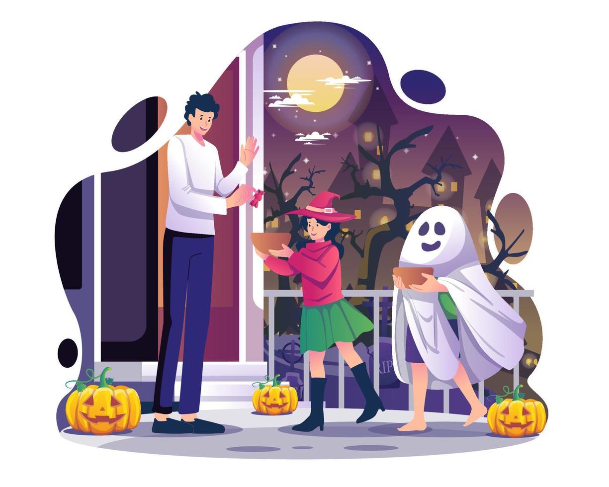 Süßes sonst gibt's Saures Illustrationskonzept. Ein Mann gibt glücklichen zwei Kindern in Halloween-Kostümen in der Halloween-Nacht Süßigkeiten. vektorillustration im flachen stil vektor