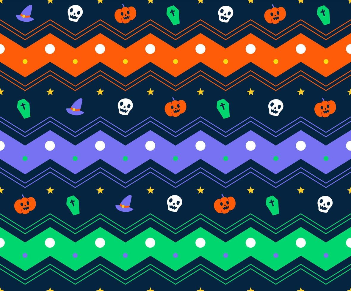 söt minimal Lycklig halloween horisontell zig zag rand linje rutig gingham mönster spöke, skalle, pumpa, Kista, häxa hatt vektor