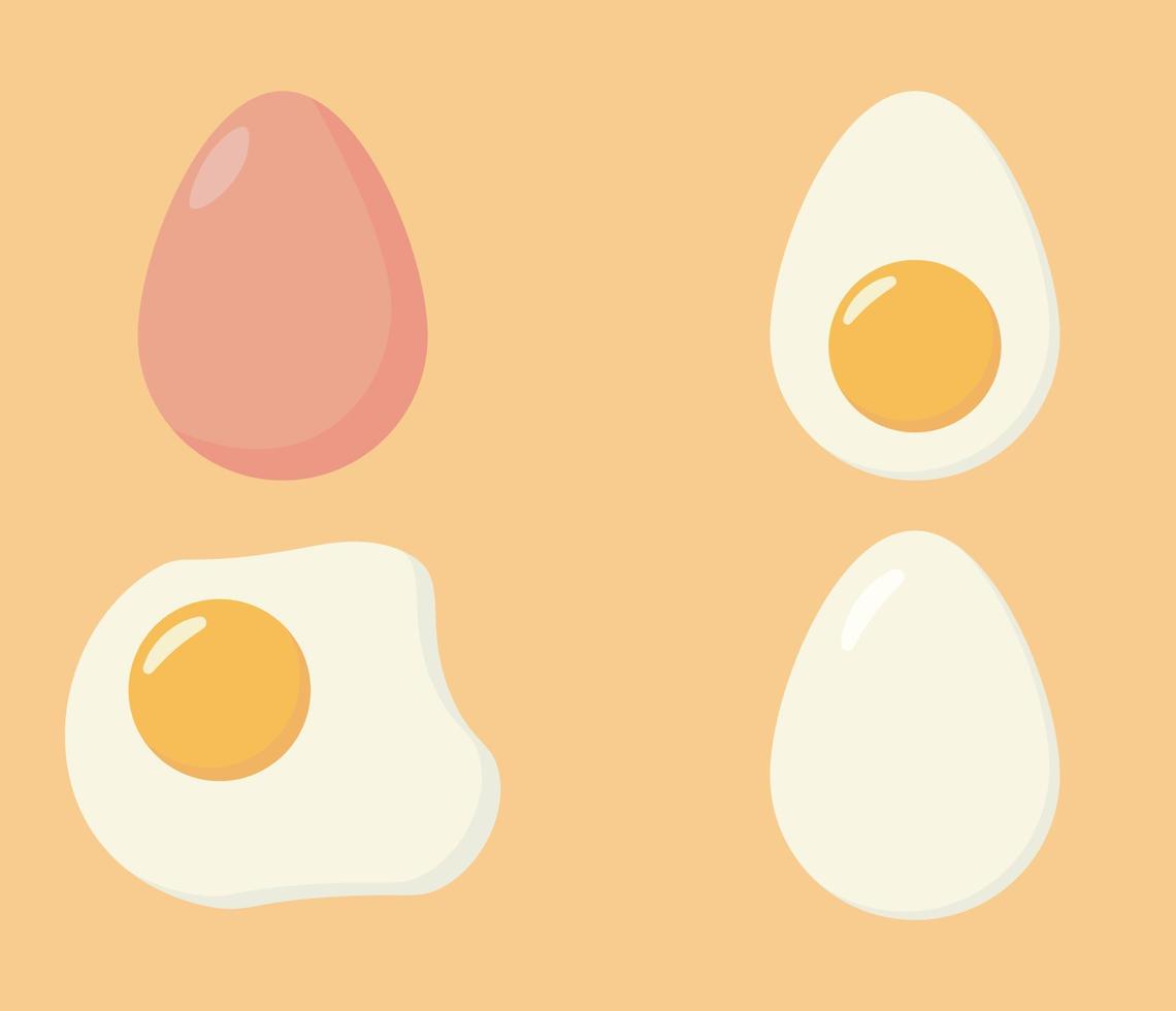 uppsättning av friterad ägg. tecknad serie ägg isolerat på vit bakgrund. friska näringsrik frukost. äggula och vit vektor